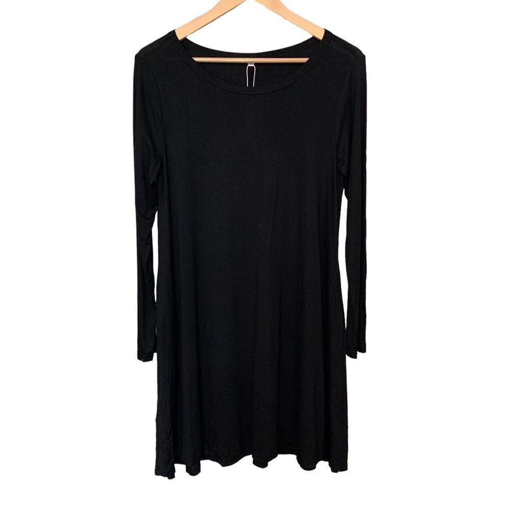 HIMONE Black Long Sleeve Casual Swing Dress Fit &‎ Flare Scoop Neck Women Medium